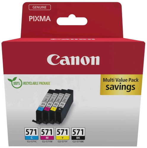 Canon CLI-571 C/M/Y/BK Multipack - Confezione da 4 - 7 ml - nero, giallo, ciano, magenta - originale - serbatoio inchiostro - per PIXMA TS5051, TS5053, TS5055, TS6050, TS6051, TS6052, TS8051, TS8052, TS9050, TS9055